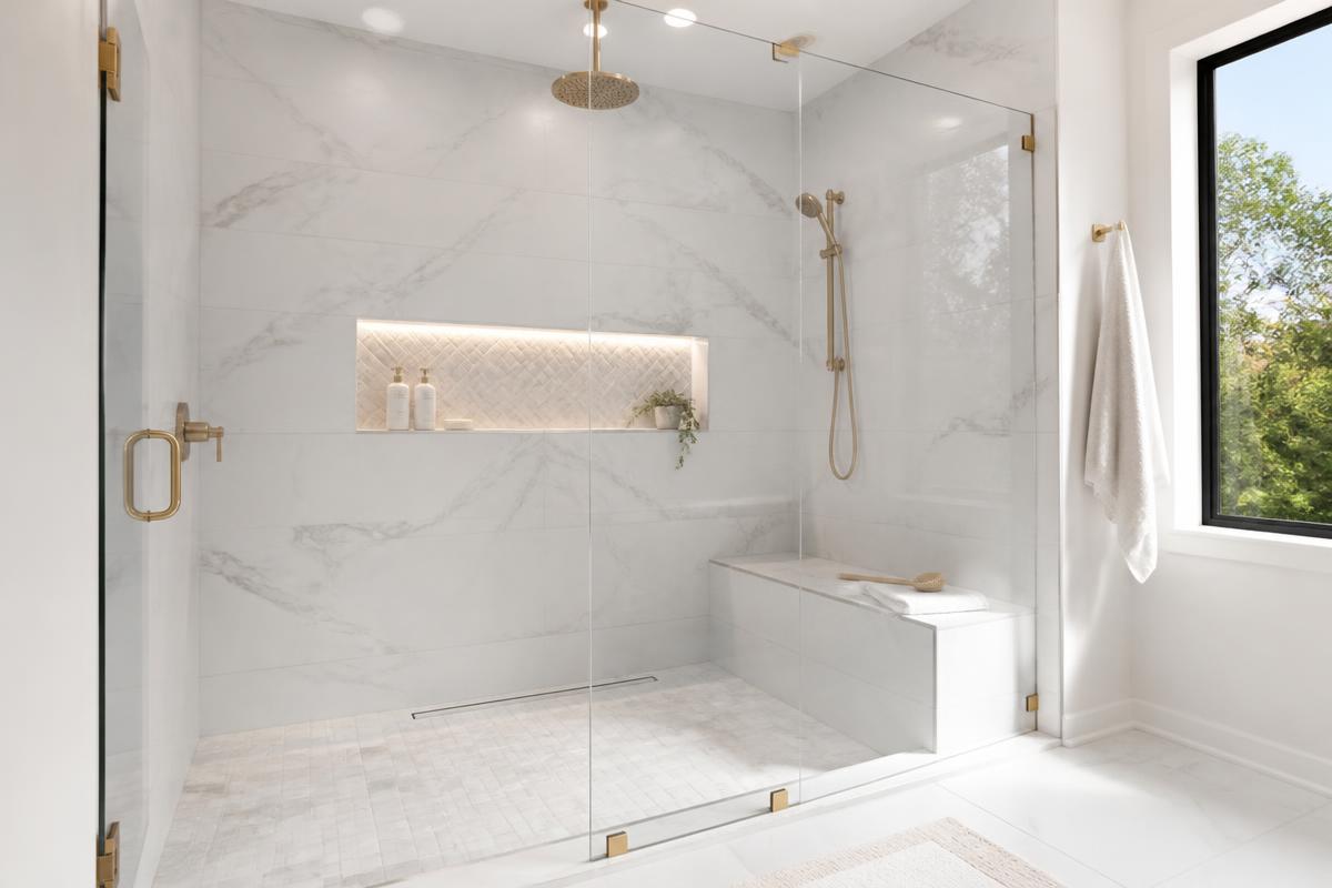 Newly remodeled walk-in shower with marble-look tile and frameless glass